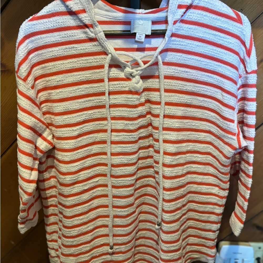 Sunday Orange and White Striped V-Neck Sweater